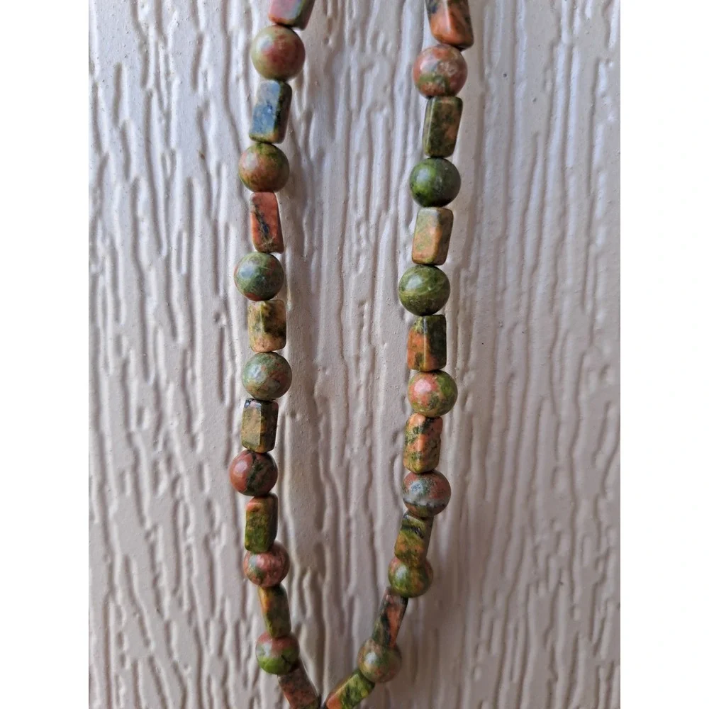 Gemstone Fashion Jewelry Beaded Necklace Natural Unakite With Pendant Silky Cord